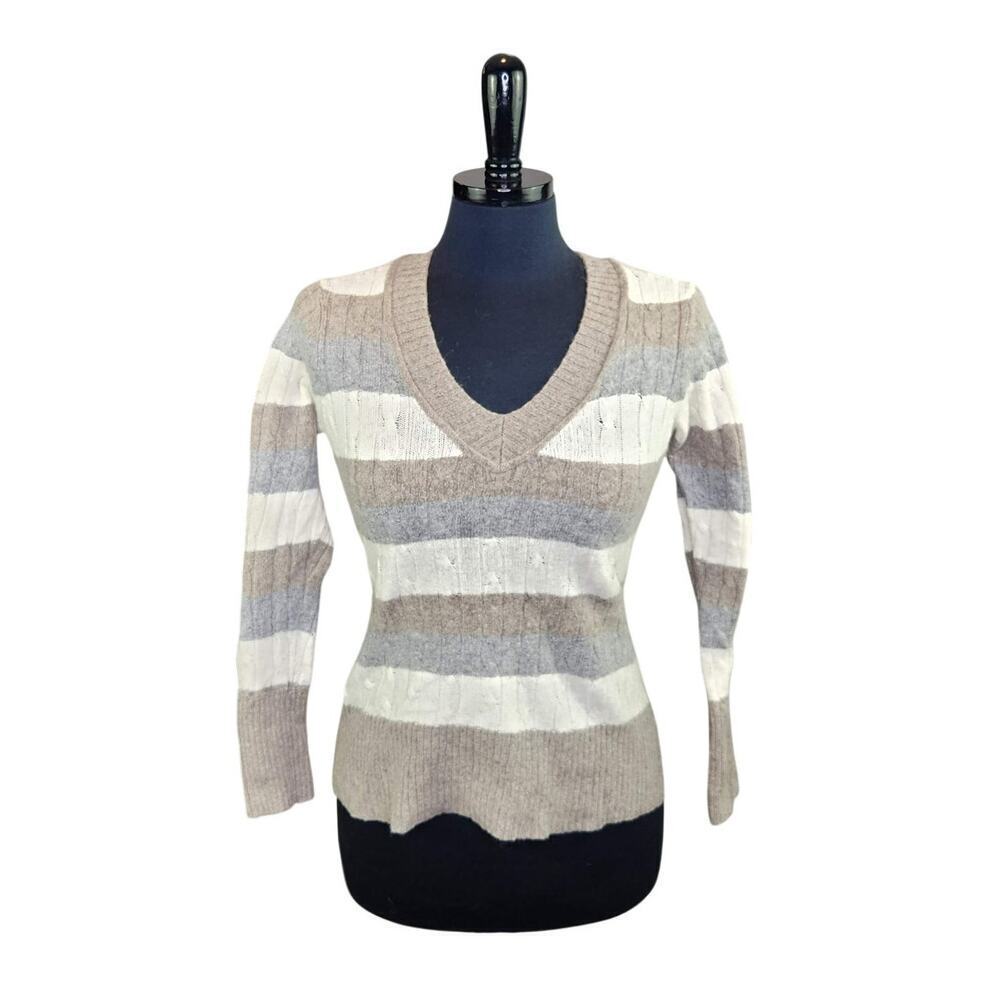 Ann Taylor LOFT Sweater V Neck Striped Cable Knit Tan Gray Cream M